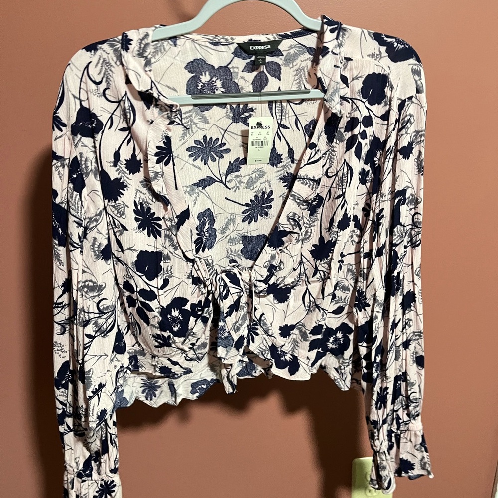 Express Navy and White Floral Tie-Front Blouse